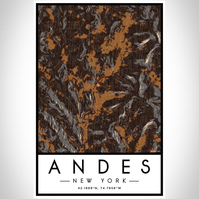 Andes New York Map Print Portrait Orientation in Ember Style With Shaded Background