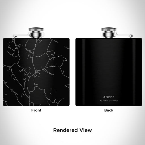 Rendered View of Andes New York Map Engraving on 6oz Stainless Steel Flask in Black
