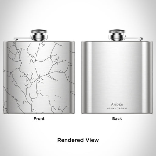Rendered View of Andes New York Map Engraving on 6oz Stainless Steel Flask