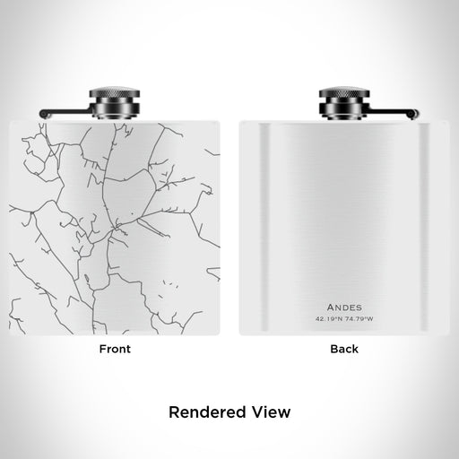 Rendered View of Andes New York Map Engraving on 6oz Stainless Steel Flask in White