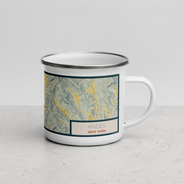 Right View Custom Andes New York Map Enamel Mug in Woodblock