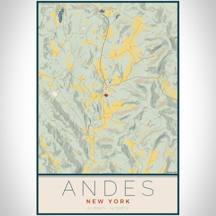Andes New York Map Print Portrait Orientation in Woodblock Style With Shaded Background