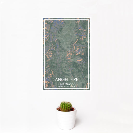 12x18 Angel Fire New Mexico Map Print Portrait Orientation in Afternoon Style With Small Cactus Plant in White Planter