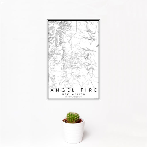 12x18 Angel Fire New Mexico Map Print Portrait Orientation in Classic Style With Small Cactus Plant in White Planter