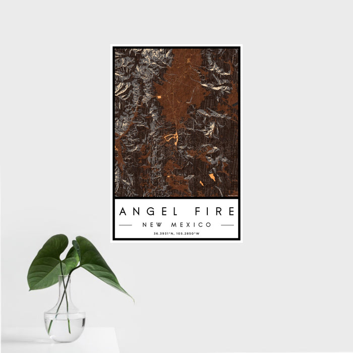 16x24 Angel Fire New Mexico Map Print Portrait Orientation in Ember Style With Tropical Plant Leaves in Water