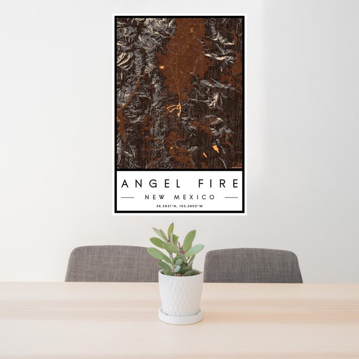 24x36 Angel Fire New Mexico Map Print Portrait Orientation in Ember Style Behind 2 Chairs Table and Potted Plant