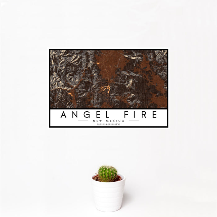 12x18 Angel Fire New Mexico Map Print Landscape Orientation in Ember Style With Small Cactus Plant in White Planter