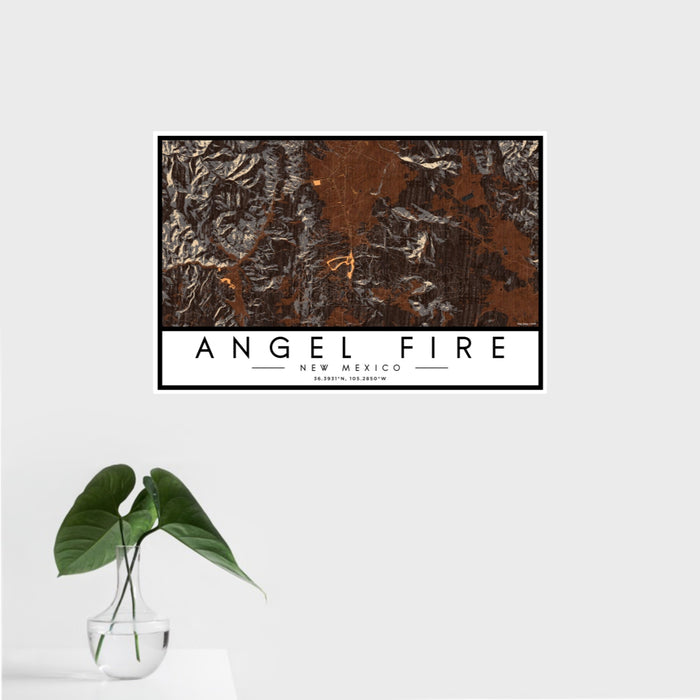 16x24 Angel Fire New Mexico Map Print Landscape Orientation in Ember Style With Tropical Plant Leaves in Water