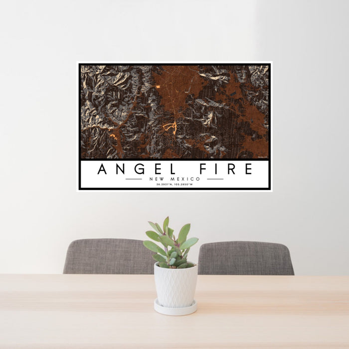 24x36 Angel Fire New Mexico Map Print Landscape Orientation in Ember Style Behind 2 Chairs Table and Potted Plant
