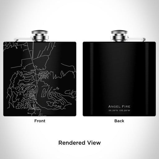 Rendered View of Angel Fire New Mexico Map Engraving on 6oz Stainless Steel Flask in Black