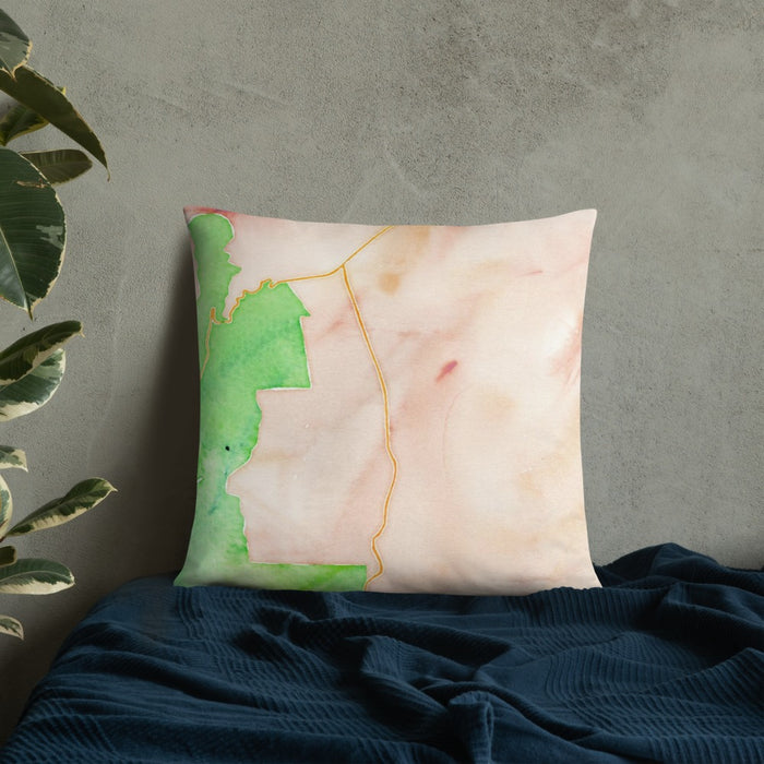 Custom Angel Fire New Mexico Map Throw Pillow in Watercolor on Bedding Against Wall