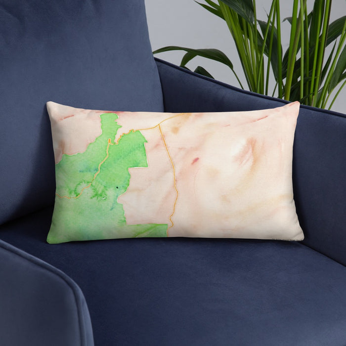 Custom Angel Fire New Mexico Map Throw Pillow in Watercolor on Blue Colored Chair
