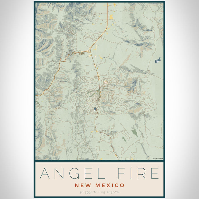 Angel Fire New Mexico Map Print Portrait Orientation in Woodblock Style With Shaded Background
