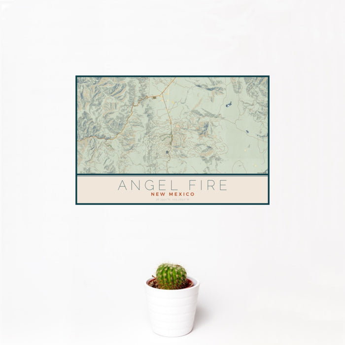 12x18 Angel Fire New Mexico Map Print Landscape Orientation in Woodblock Style With Small Cactus Plant in White Planter