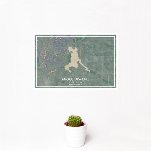 12x18 Angostura Lake South Dakota Map Print Landscape Orientation in Afternoon Style With Small Cactus Plant in White Planter