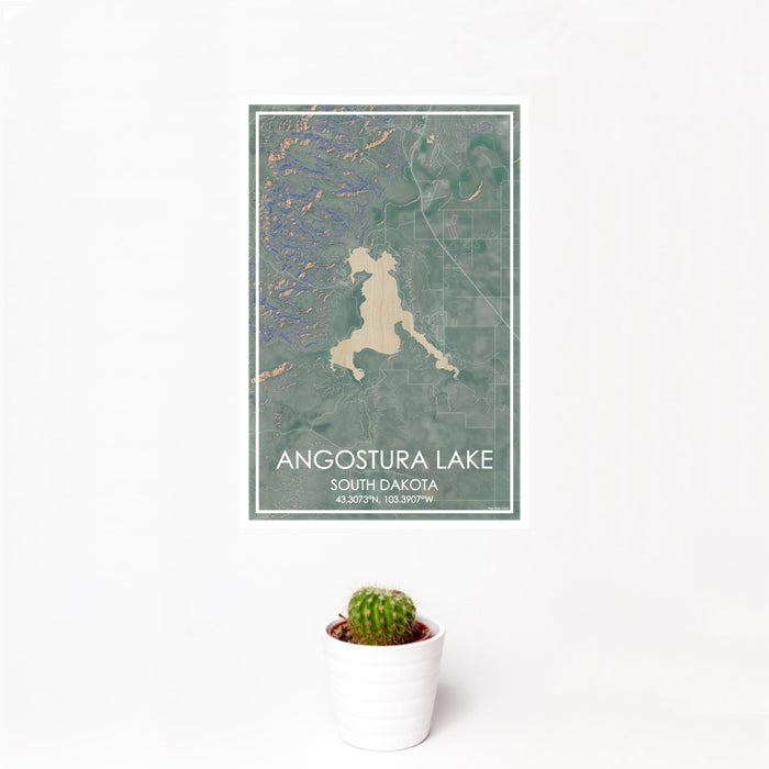 12x18 Angostura Lake South Dakota Map Print Portrait Orientation in Afternoon Style With Small Cactus Plant in White Planter