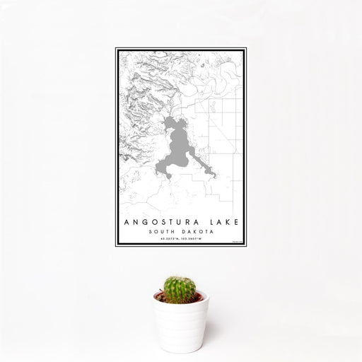 12x18 Angostura Lake South Dakota Map Print Portrait Orientation in Classic Style With Small Cactus Plant in White Planter