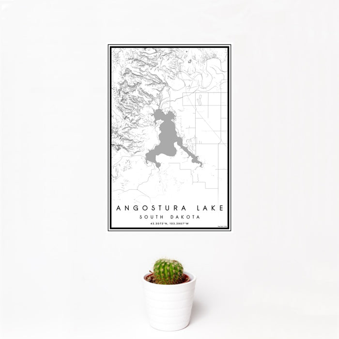 12x18 Angostura Lake South Dakota Map Print Portrait Orientation in Classic Style With Small Cactus Plant in White Planter