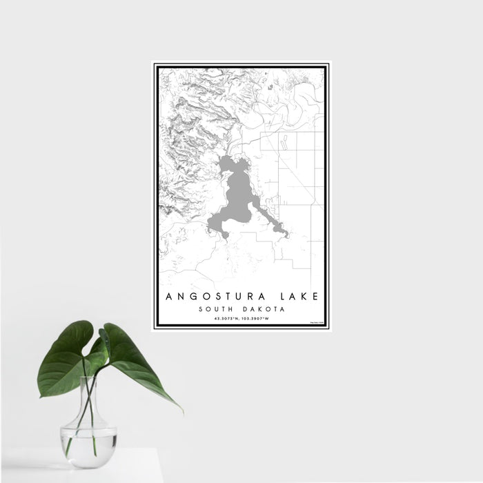 16x24 Angostura Lake South Dakota Map Print Portrait Orientation in Classic Style With Tropical Plant Leaves in Water