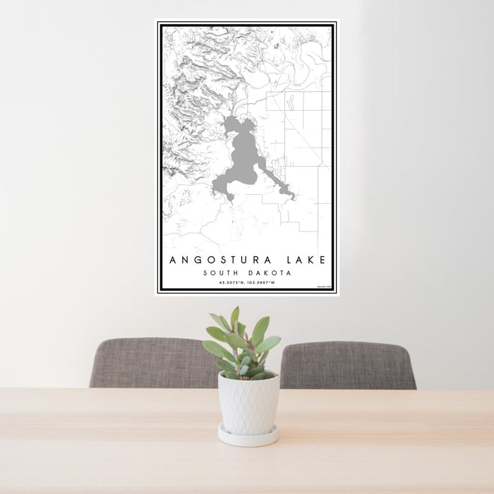 24x36 Angostura Lake South Dakota Map Print Portrait Orientation in Classic Style Behind 2 Chairs Table and Potted Plant