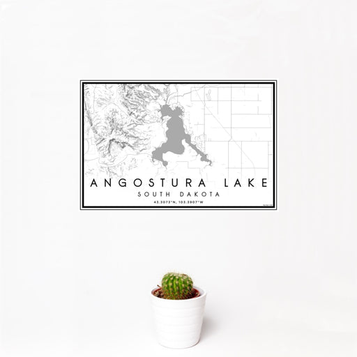 12x18 Angostura Lake South Dakota Map Print Landscape Orientation in Classic Style With Small Cactus Plant in White Planter