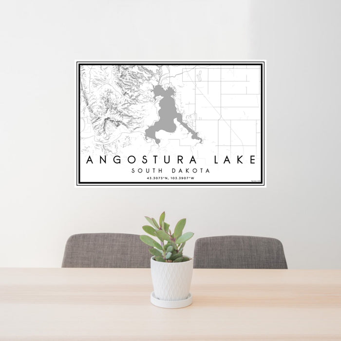 24x36 Angostura Lake South Dakota Map Print Landscape Orientation in Classic Style Behind 2 Chairs Table and Potted Plant