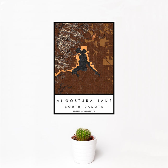 12x18 Angostura Lake South Dakota Map Print Portrait Orientation in Ember Style With Small Cactus Plant in White Planter
