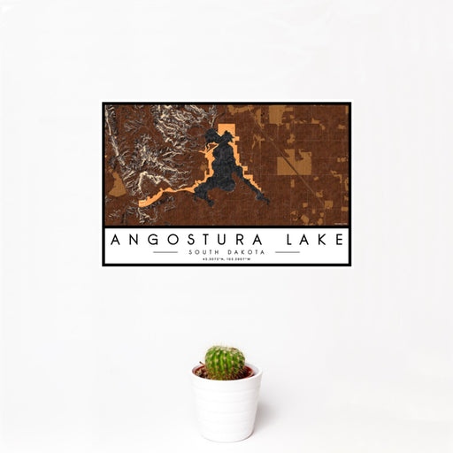 12x18 Angostura Lake South Dakota Map Print Landscape Orientation in Ember Style With Small Cactus Plant in White Planter