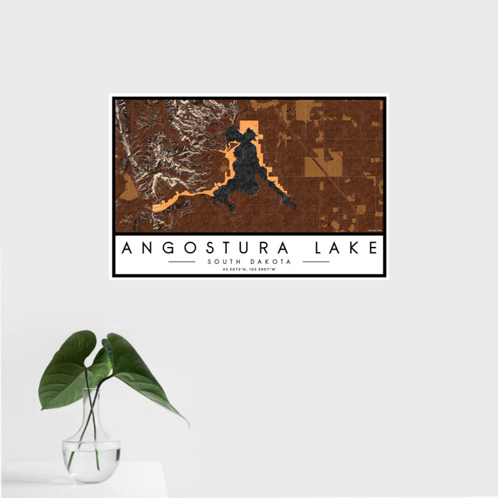16x24 Angostura Lake South Dakota Map Print Landscape Orientation in Ember Style With Tropical Plant Leaves in Water