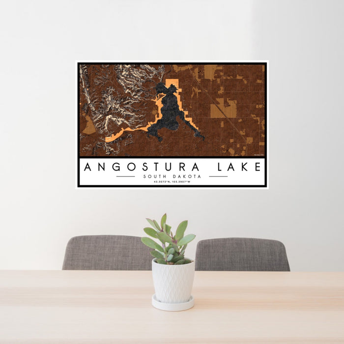 24x36 Angostura Lake South Dakota Map Print Landscape Orientation in Ember Style Behind 2 Chairs Table and Potted Plant