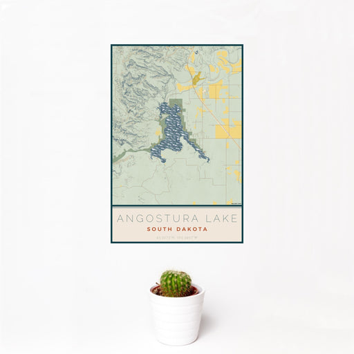 12x18 Angostura Lake South Dakota Map Print Portrait Orientation in Woodblock Style With Small Cactus Plant in White Planter