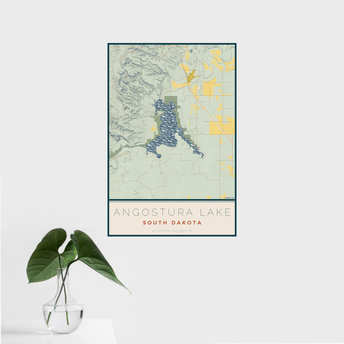 16x24 Angostura Lake South Dakota Map Print Portrait Orientation in Woodblock Style With Tropical Plant Leaves in Water