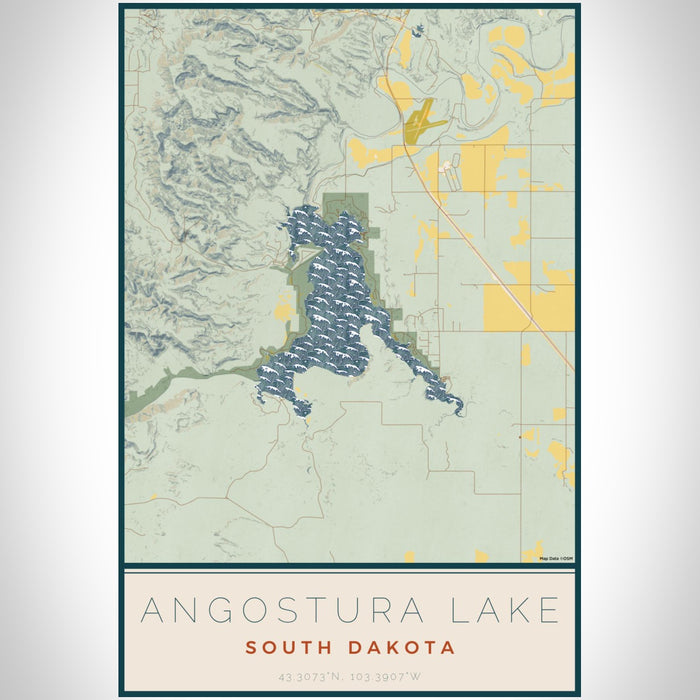 Angostura Lake South Dakota Map Print Portrait Orientation in Woodblock Style With Shaded Background
