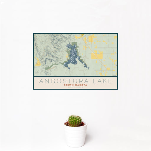 12x18 Angostura Lake South Dakota Map Print Landscape Orientation in Woodblock Style With Small Cactus Plant in White Planter