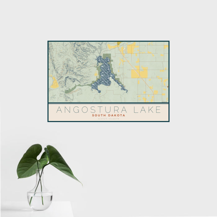 16x24 Angostura Lake South Dakota Map Print Landscape Orientation in Woodblock Style With Tropical Plant Leaves in Water