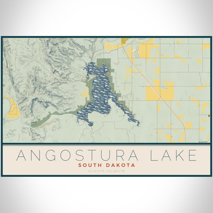 Angostura Lake South Dakota Map Print Landscape Orientation in Woodblock Style With Shaded Background