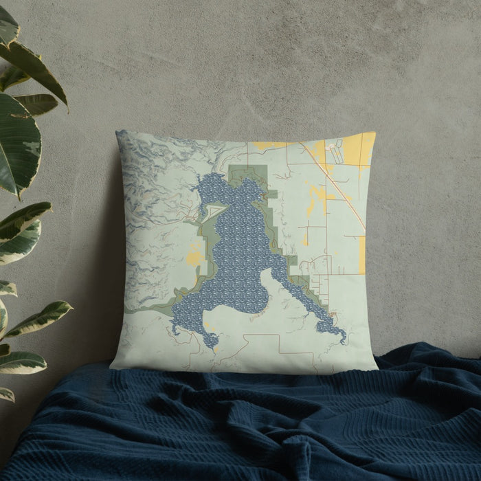 Custom Angostura Lake South Dakota Map Throw Pillow in Woodblock on Bedding Against Wall