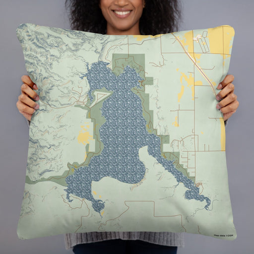 Person holding 22x22 Custom Angostura Lake South Dakota Map Throw Pillow in Woodblock