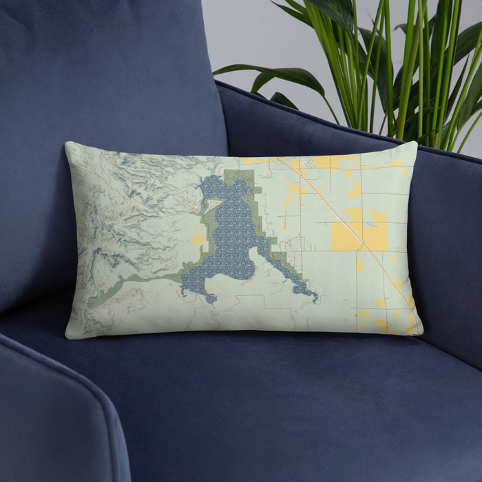 Custom Angostura Lake South Dakota Map Throw Pillow in Woodblock on Blue Colored Chair