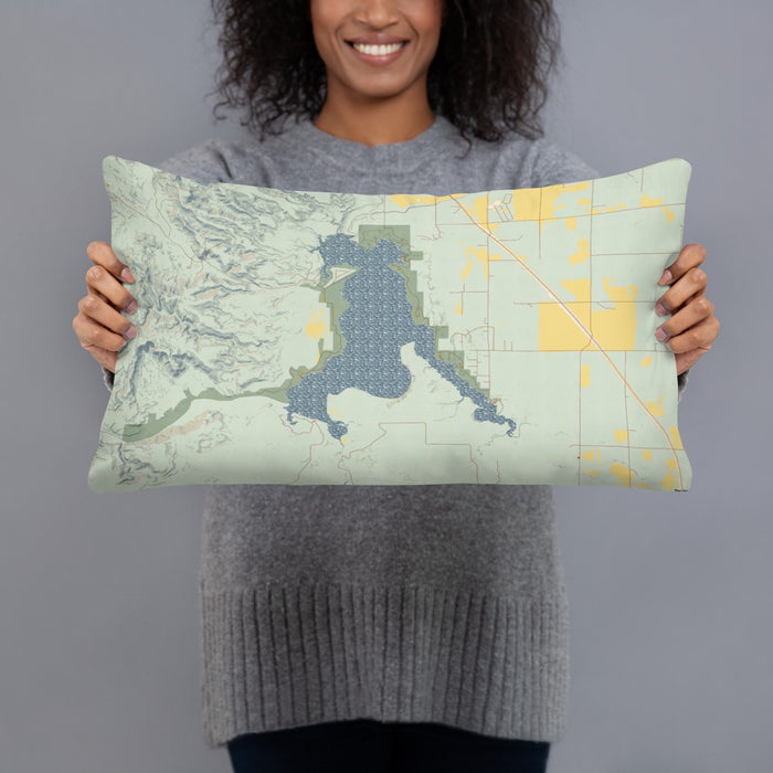 Person holding 20x12 Custom Angostura Lake South Dakota Map Throw Pillow in Woodblock