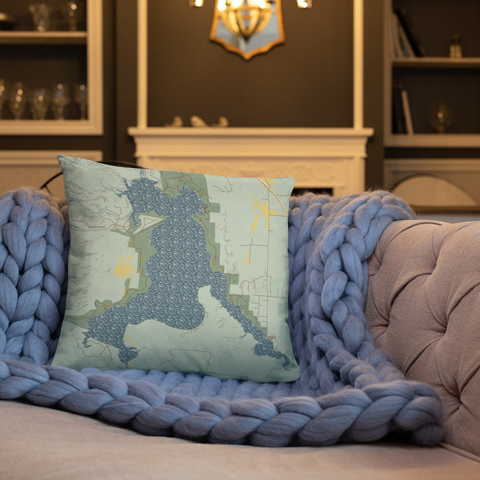 Custom Angostura Lake South Dakota Map Throw Pillow in Woodblock on Cream Colored Couch