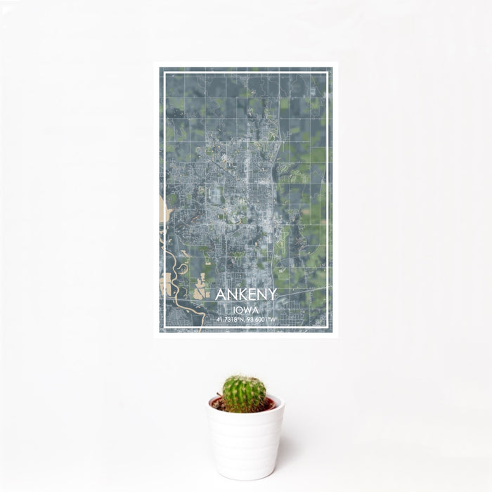 12x18 Ankeny Iowa Map Print Portrait Orientation in Afternoon Style With Small Cactus Plant in White Planter