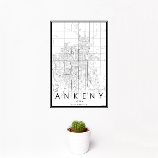 12x18 Ankeny Iowa Map Print Portrait Orientation in Classic Style With Small Cactus Plant in White Planter