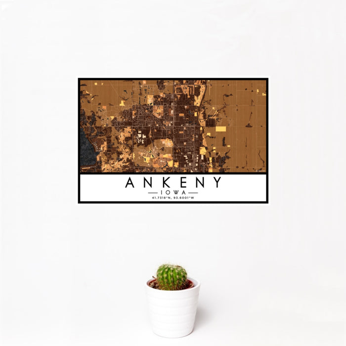 12x18 Ankeny Iowa Map Print Landscape Orientation in Ember Style With Small Cactus Plant in White Planter