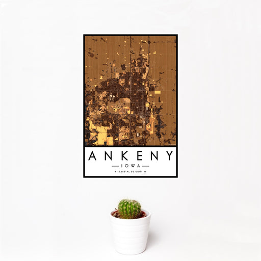 12x18 Ankeny Iowa Map Print Portrait Orientation in Ember Style With Small Cactus Plant in White Planter