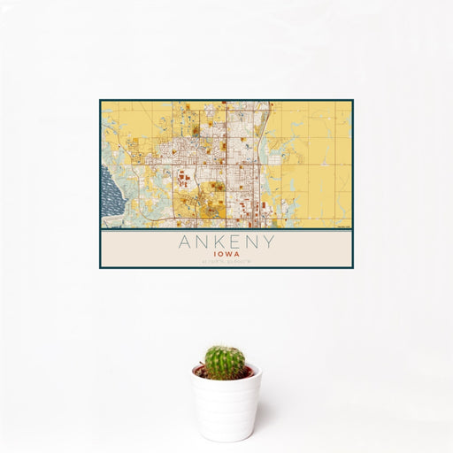 12x18 Ankeny Iowa Map Print Landscape Orientation in Woodblock Style With Small Cactus Plant in White Planter