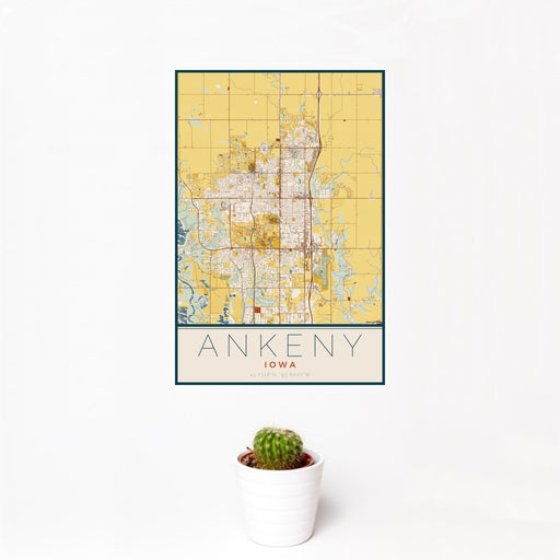 12x18 Ankeny Iowa Map Print Portrait Orientation in Woodblock Style With Small Cactus Plant in White Planter