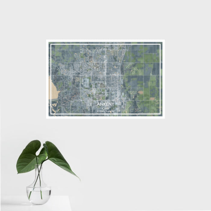 16x24 Ankeny Iowa Map Print Landscape Orientation in Afternoon Style With Tropical Plant Leaves in Water