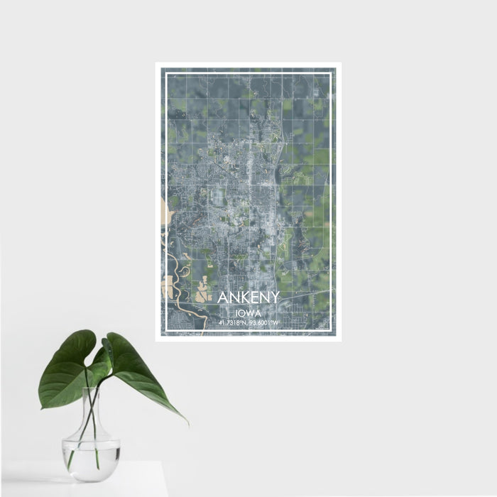 16x24 Ankeny Iowa Map Print Portrait Orientation in Afternoon Style With Tropical Plant Leaves in Water