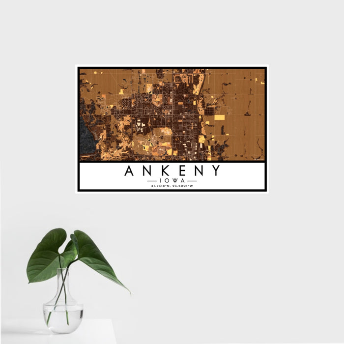 16x24 Ankeny Iowa Map Print Landscape Orientation in Ember Style With Tropical Plant Leaves in Water